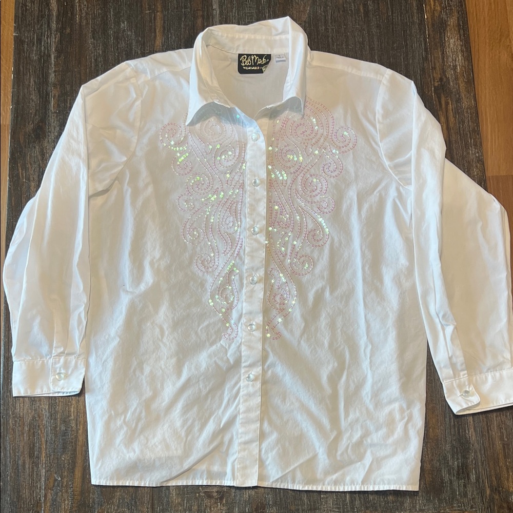 Bob Mackie White Button-Up Shirt with Iridescent Sequin Swirls